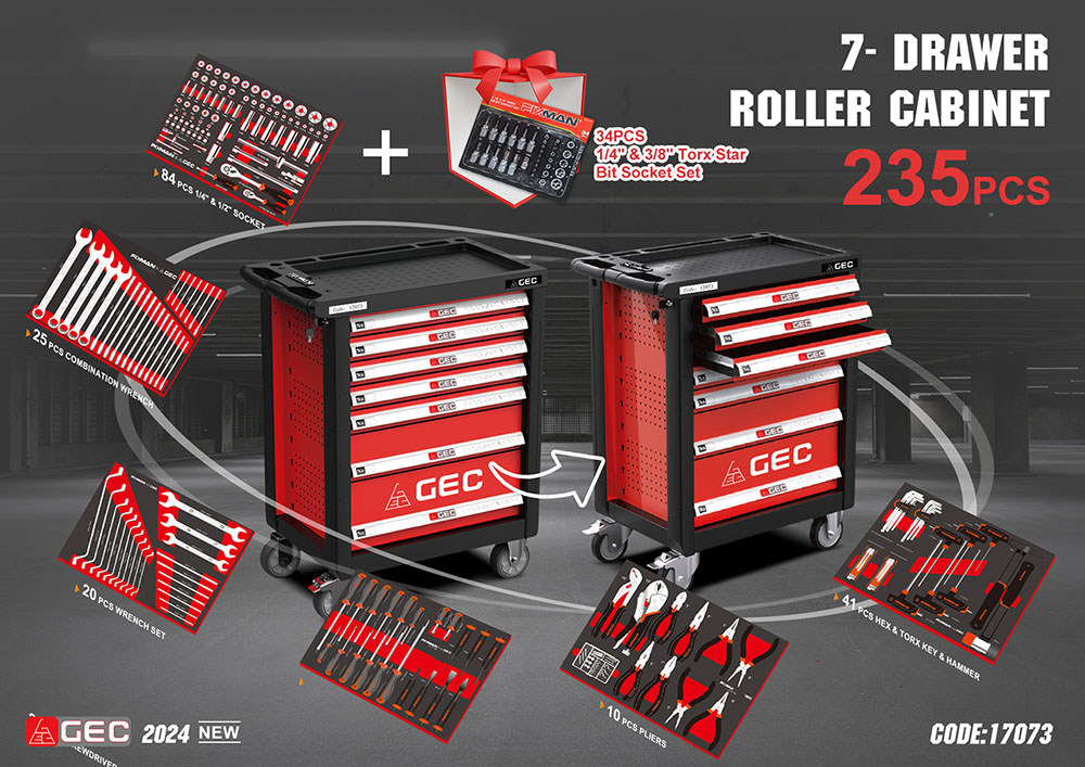 GEC 7 Drawers Ball Bearing Tool Trolley Cart 235 PCS