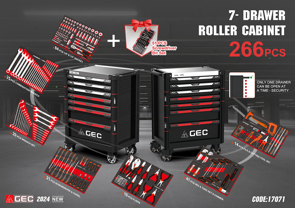 GEC 7 Drawers Ball Bearing Tool Trolley Cart 266 PCS