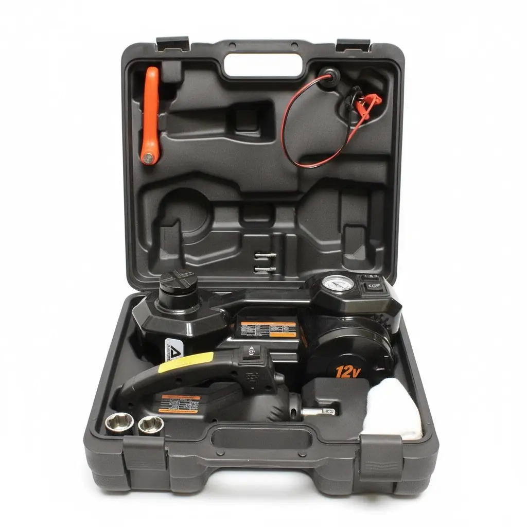 BROTHERS 3in1 Air Compressor With Hydraulic Car Jack Lift 3 Ton With Electric Impact Wrench طقم شنطة شخصي هيفي ديوتي (كوريك تمساح + مسدس فك وربط + كمبروسور) صيني 3 طن يعمل علي ولاعة